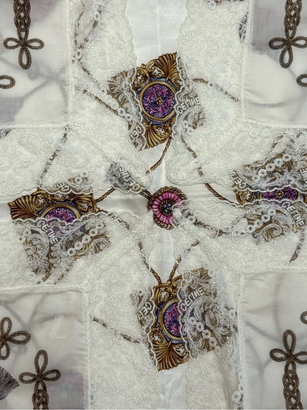 Celine Ivory Cotton 23 inch Scarf with Pink and Gold Medallion Motif Rope Tassel